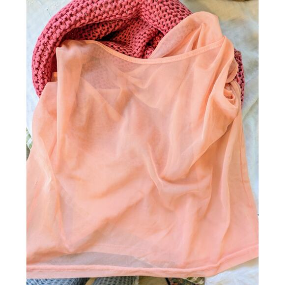 Oscar de la Renta Sweater VTG Petite Med Coral Gold Shimmer Short Sleeve Ribbed - Picture 8 of 9
